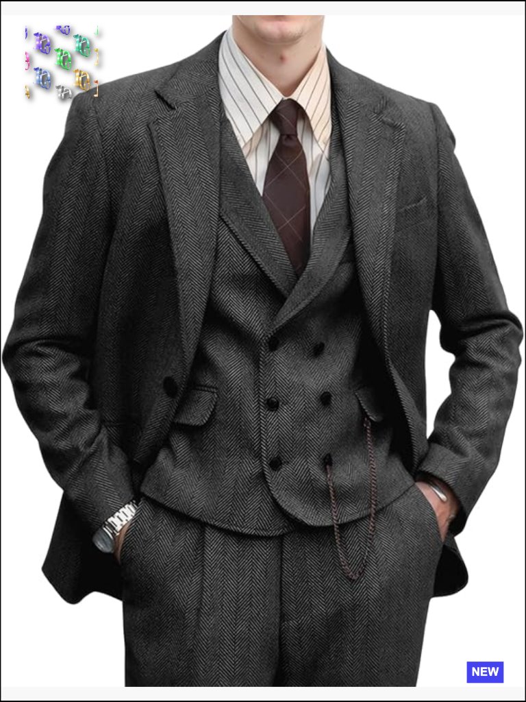 Herringbone Tweed Three-Piece Suit Formal Wool Jacket Vest Pants Classic Retro